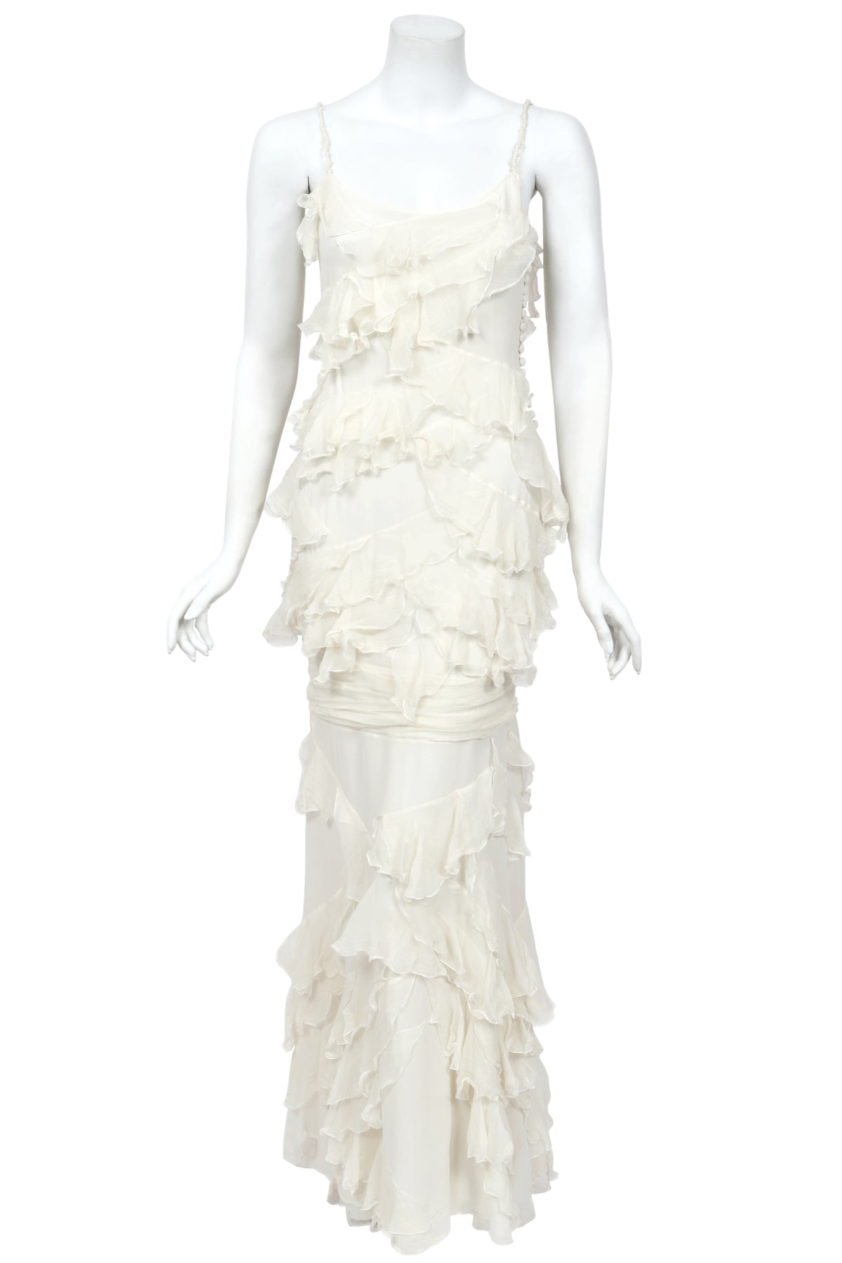 2006 John Galliano Ivory Tiered Ruffle Sheer Silk Chiffon Pearl Straps Bias-Cut Slip Gown