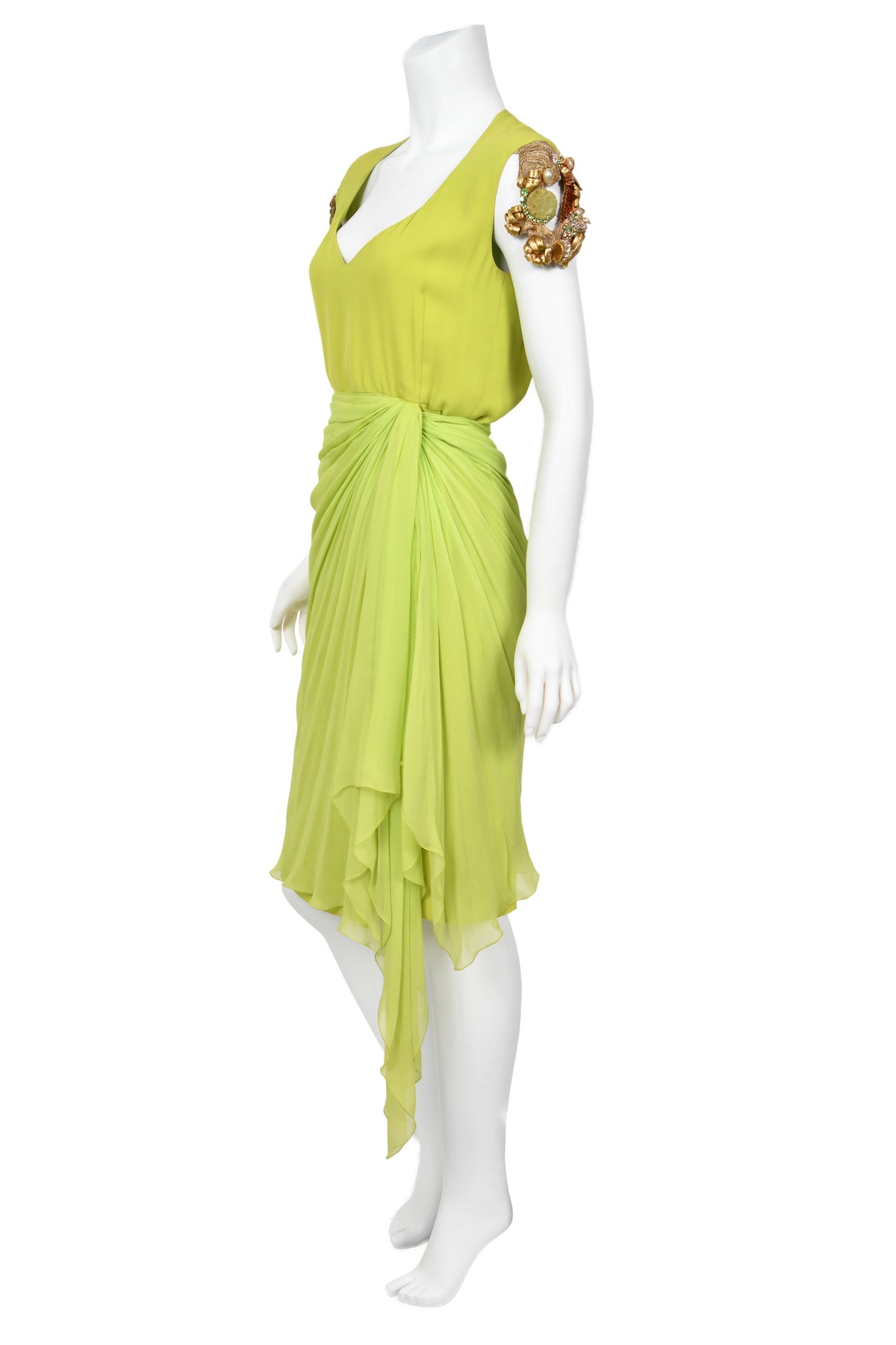 1991 Christian Dior by Gianfranco Ferré Chartreuse Silk Metallic Beaded Draped Dress