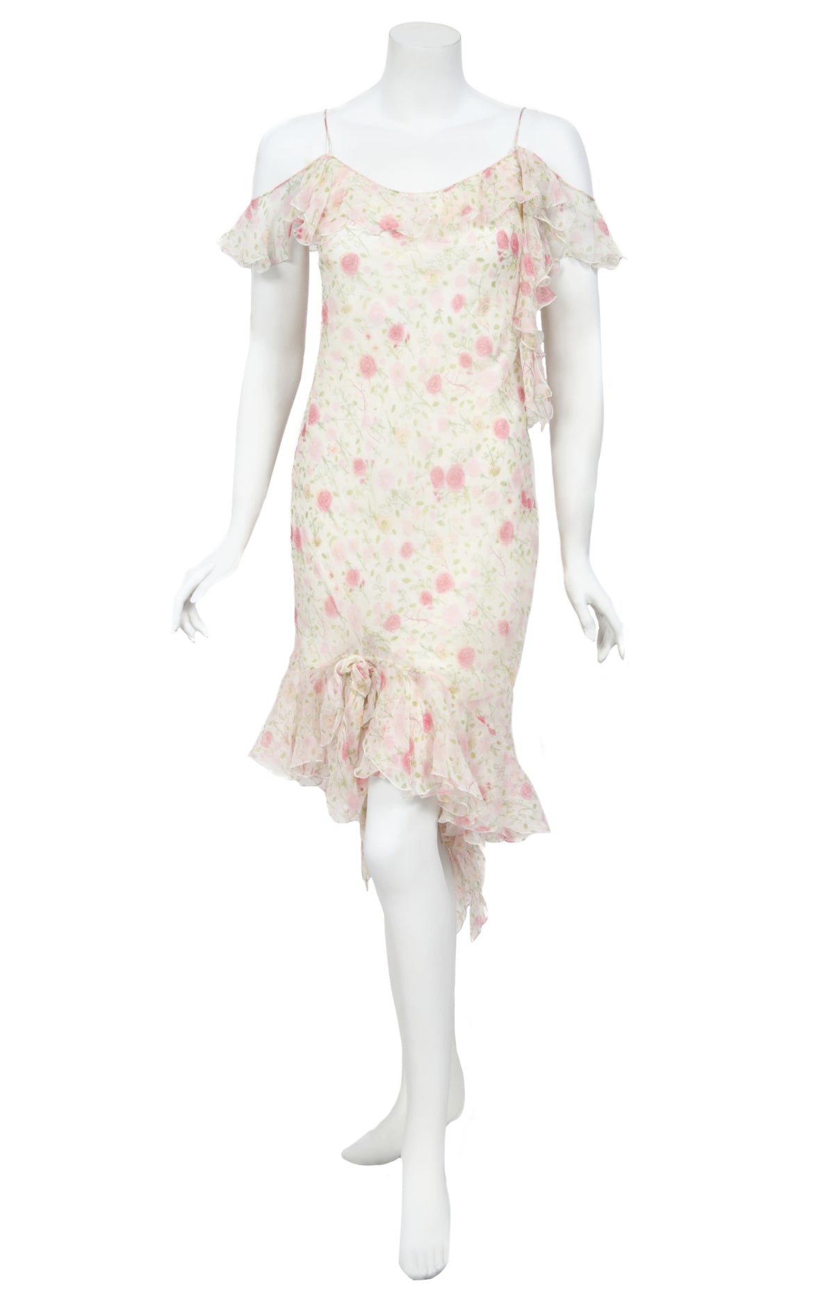 1999 Christian Dior by John Galliano Pink Roses Print Silk Off Shoulder Bias-Cut Dress