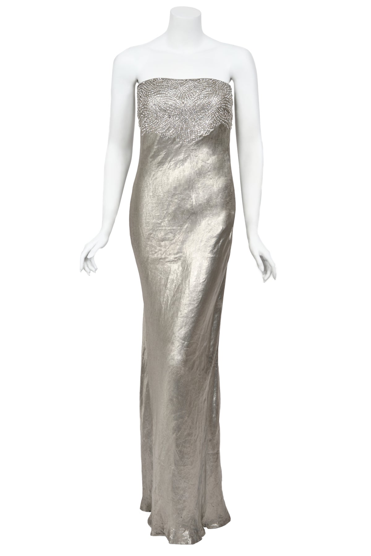 2007 Ralph Lauren Beaded Rhinestone Metallic Silver Lamé Strapless Bias-Cut Gown
