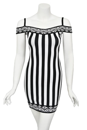 1992 Azzedine Alaia Runway Striped Stretch Knit Cold-Shoulder Bodycon Mini Dress