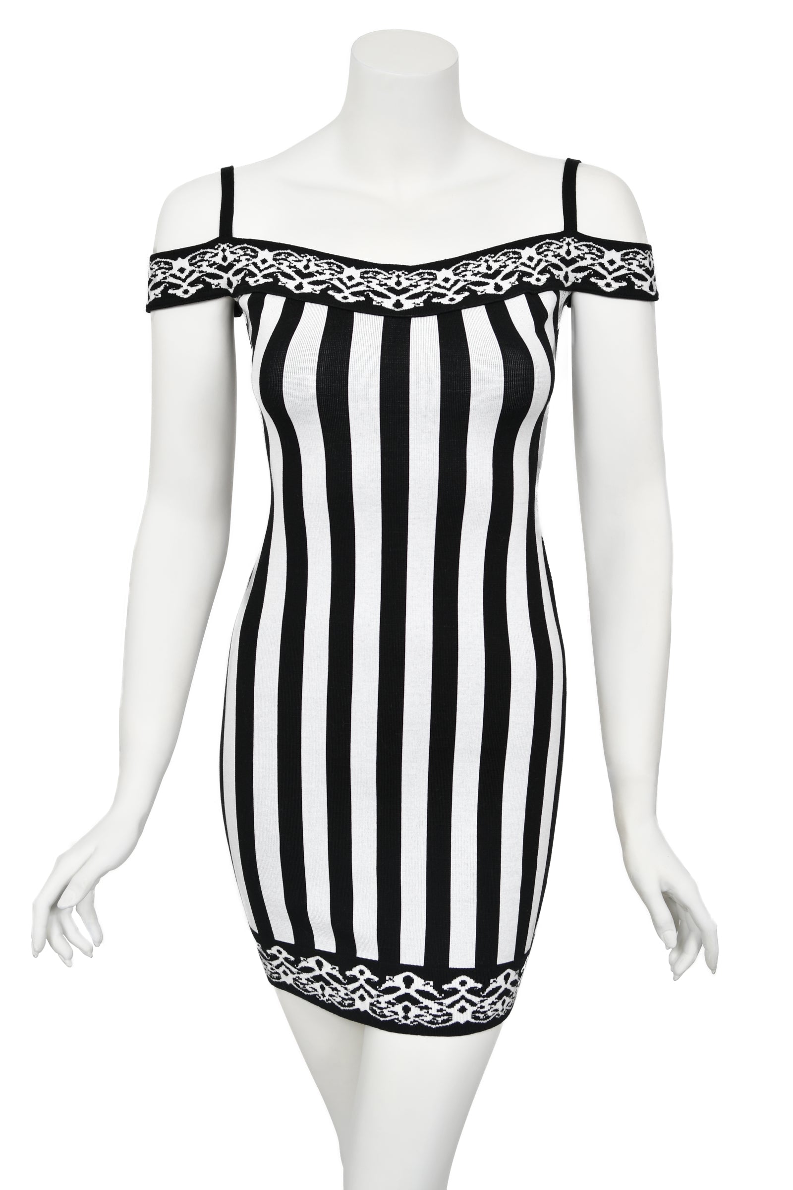 Vintage 1992 Azzedine Alaia Runway Striped Stretch Knit Cold-Shoulder Bodycon Mini Dress - Timeless Vixen Vintage 1992 Azzedine Alaia Runway Striped Stretch Knit Cold-Shoulder Bodycon Mini Dress - Timeless Vixen