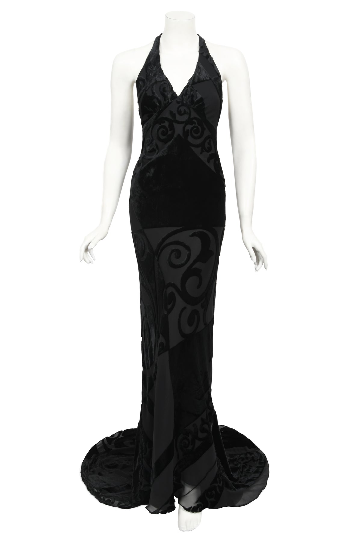 1997 Galindo Couture Black Devoré Velvet Bias-Cut Halter Trained Gown