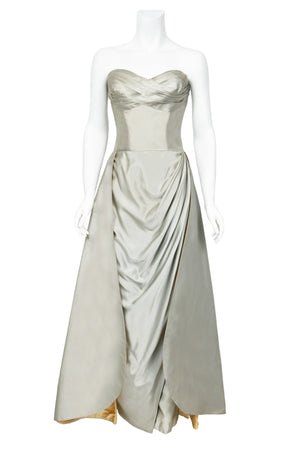 1950's Anne Verdi Couture Ice-Blue Silk Strapless Ruched Hourglass Skirted Gown