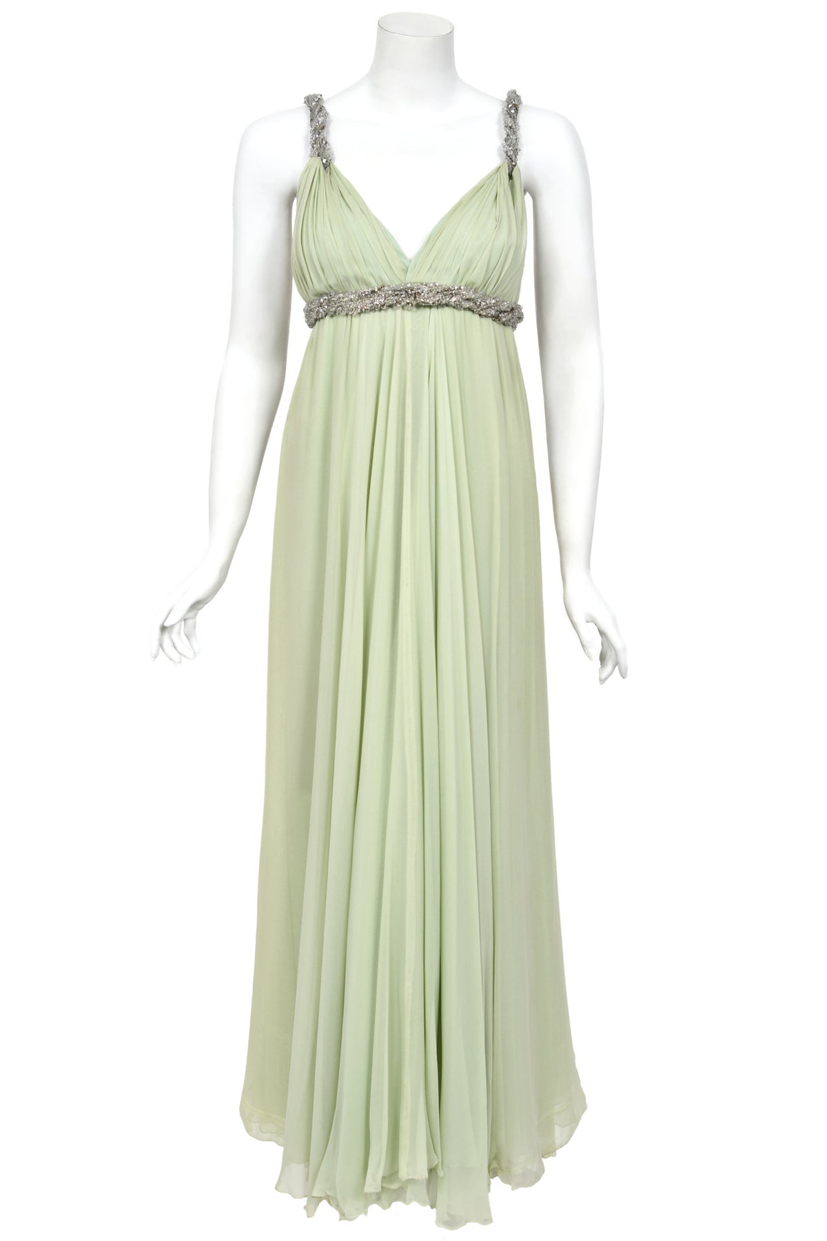 1965 Sarmi Couture Seafoam Green Jeweled Silk Chiffon Empire Plunge Grecian Gown