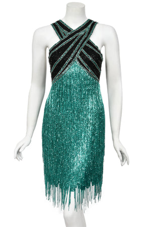 1990 Bob Mackie Teal-Green & Black Beaded Fringe Backless Cocktail Dress