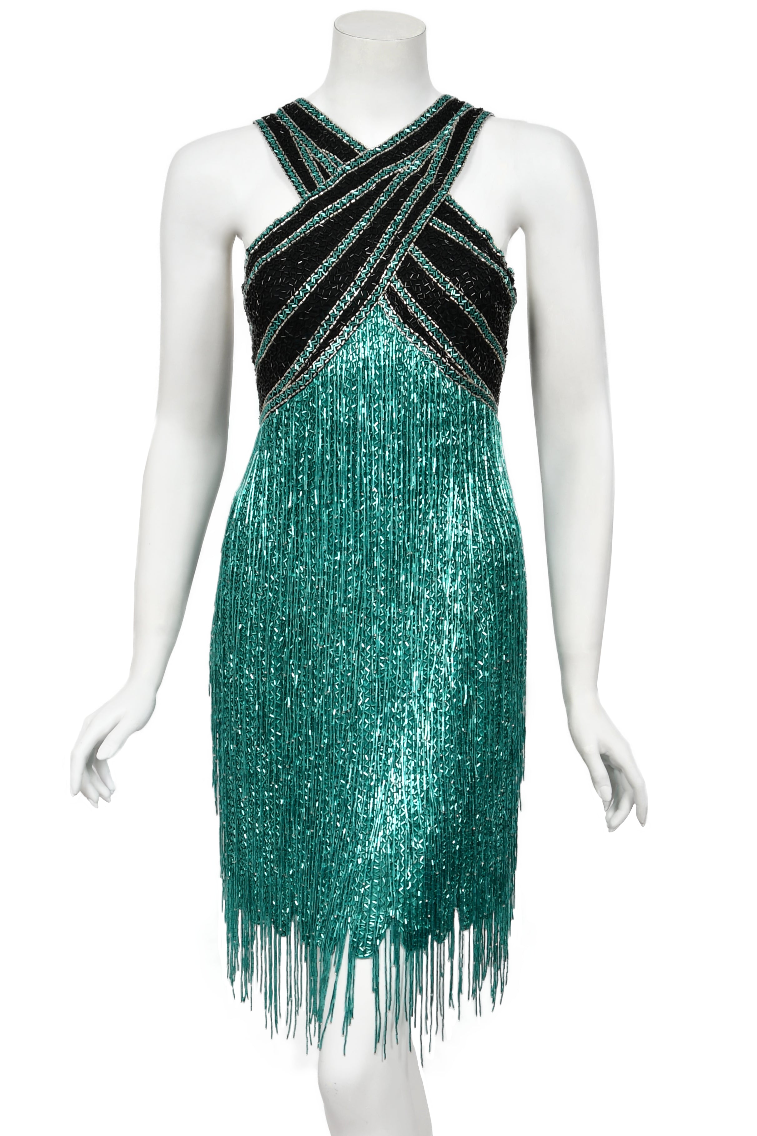 1990 Bob Mackie Teal-Green & Black Beaded Fringe Backless Cocktail Dre