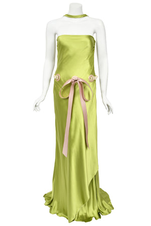 2005 Valentino Runway Chartreuse Silk Draped-Pearls Reverse Halter Glamour Gown