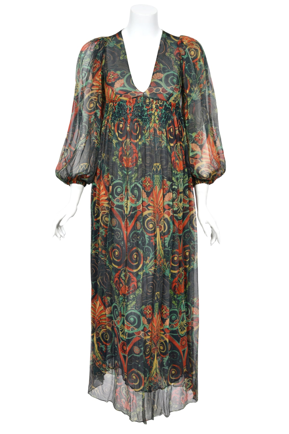 1971 Thea Porter Couture Green Art Nouveau Motif Silk Billow-Sleeve Maxi Dress