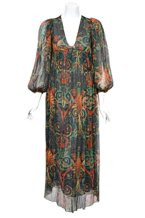 1971 Thea Porter Couture Green Art Nouveau Motif Silk Billow-Sleeve Maxi Dress