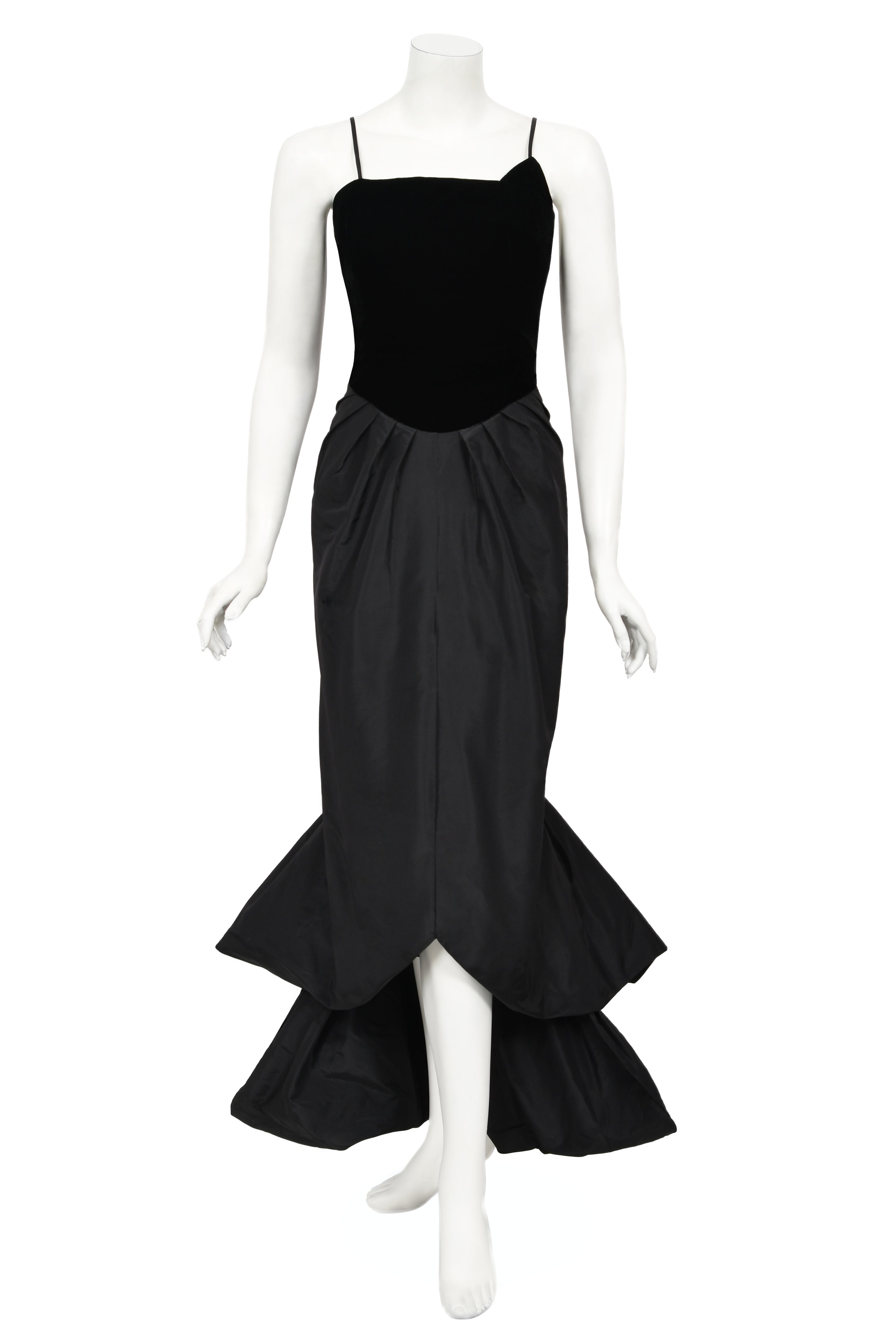 1958 Philip Hulitar 'Old Hollywood' Black Silk & Velvet Hourglass Fishtail Dress 1958 Philip Hulitar 'Old Hollywood' Black Silk & Velvet Hourglass Fishtail Dress