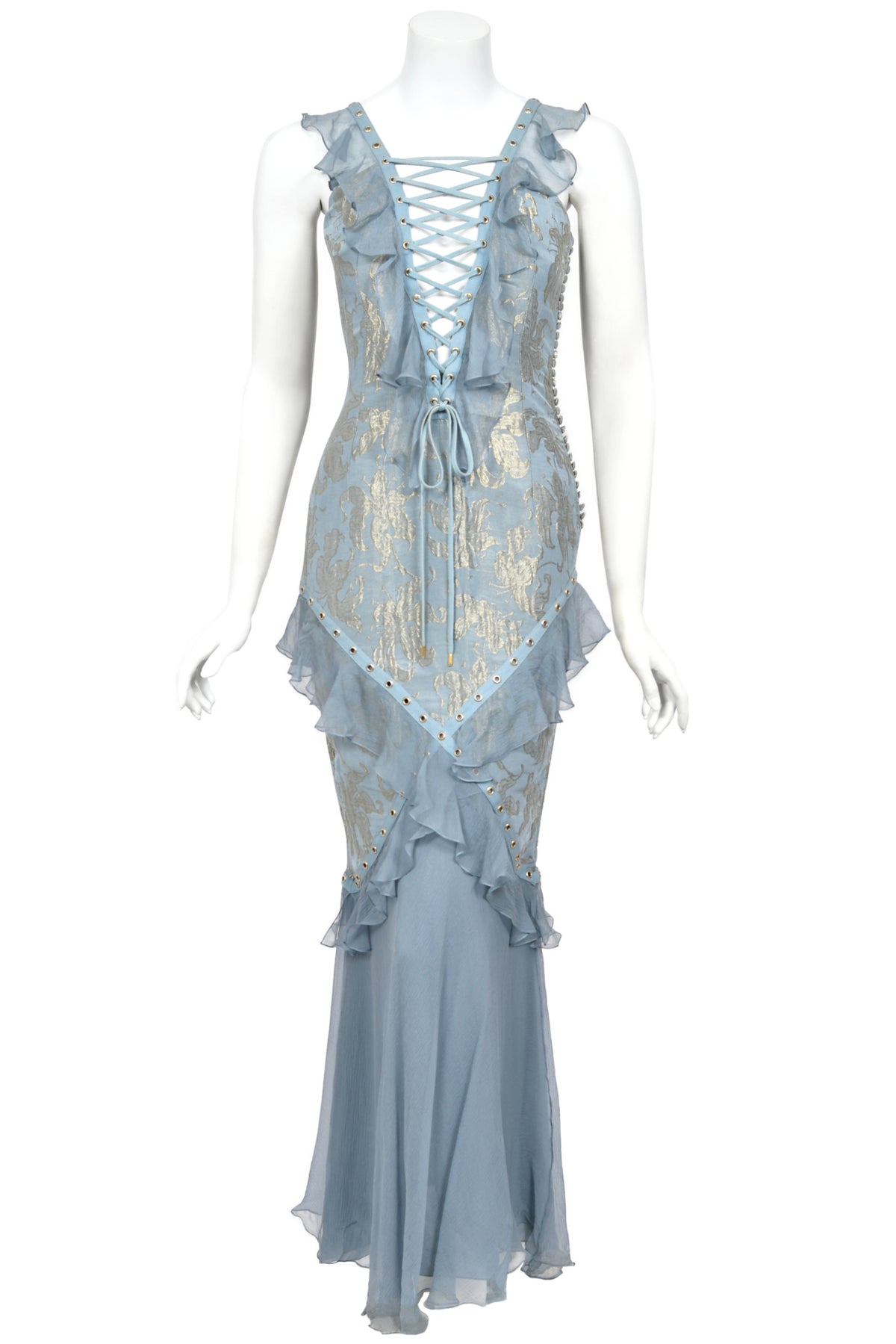 2003 Christian Dior by John Galliano Metallic Powder Blue Floral Silk Brocade Lace Up Bias-Cut Gown