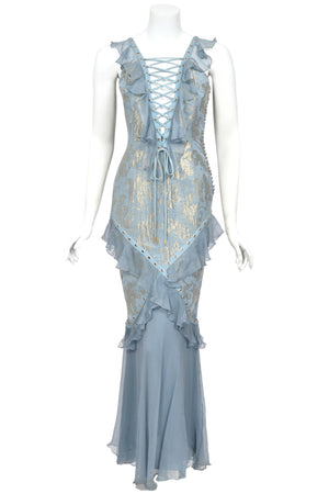 2003 Christian Dior by John Galliano Metallic Powder Blue Floral Silk Brocade Lace Up Bias-Cut Gown