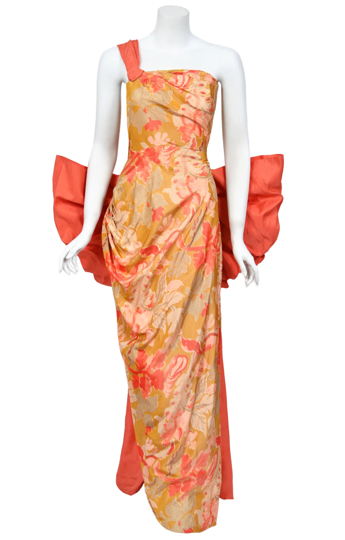 1950&#39;s Rosalie Macrini Couture Watercolor Floral Silk Sculptural Back-Bow Gown