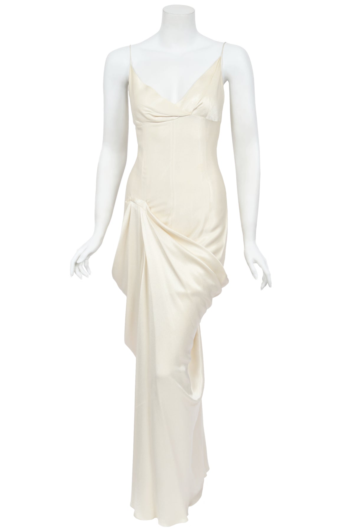 1999 John Galliano Ivory Satin Asymmetric Drape Hourglass Optional Trained Gown