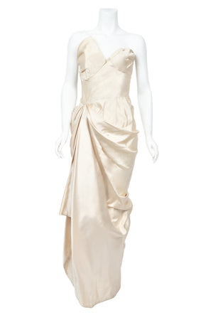 1949 Jeanne Lanvin Haute Couture Ivory Silk Satin Strapless Draped Bridal Gown