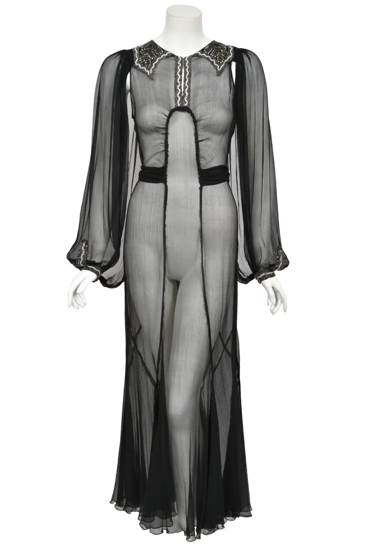 1930&#39;s Beaded Rhinestone Black Sheer Silk Chiffon Billow-Sleeve Deco Dress