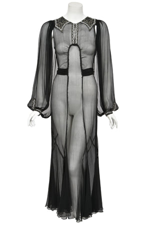 1930's Beaded Rhinestone Black Sheer Silk Chiffon Billow-Sleeve Deco Dress