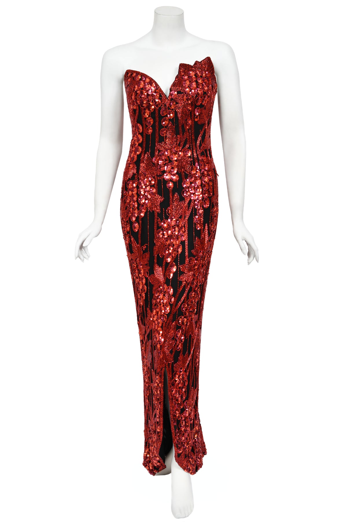 1990 Bob Mackie Red Grapevines Beaded Sequin Silk Strapless Hourglass Slit Gown