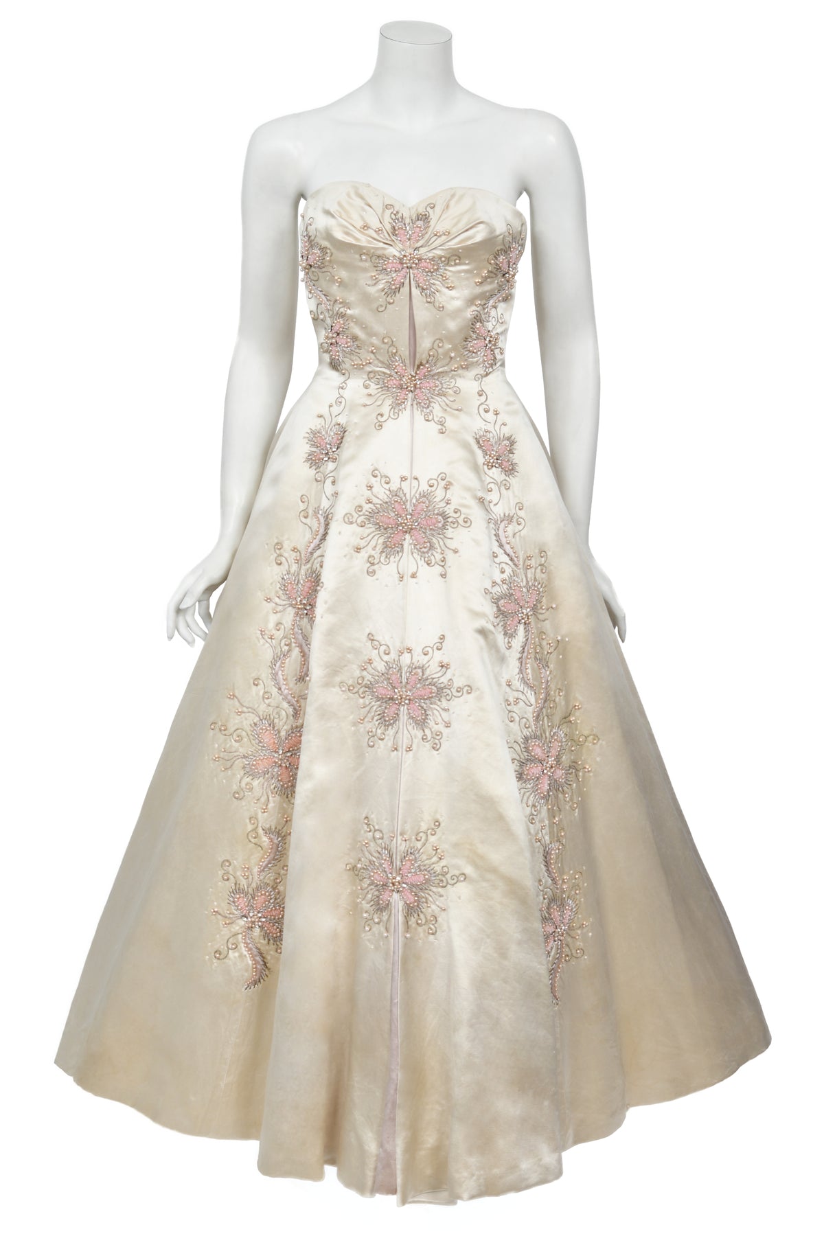 1950&#39;s Beaded Embroidered Cream &amp; Pale Pink Satin Strapless Couture Ballgown