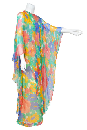 1967 Givenchy Haute Couture Colorful Floral Sheer Silk Draped Caftan Maxi Dress