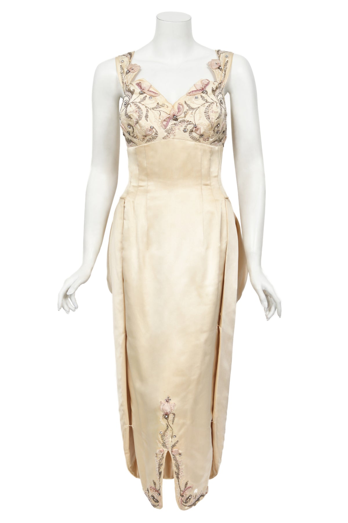 1950&#39;s Candlelight Satin Beaded Appliqué Skirted Hourglass Custom Couture Dress