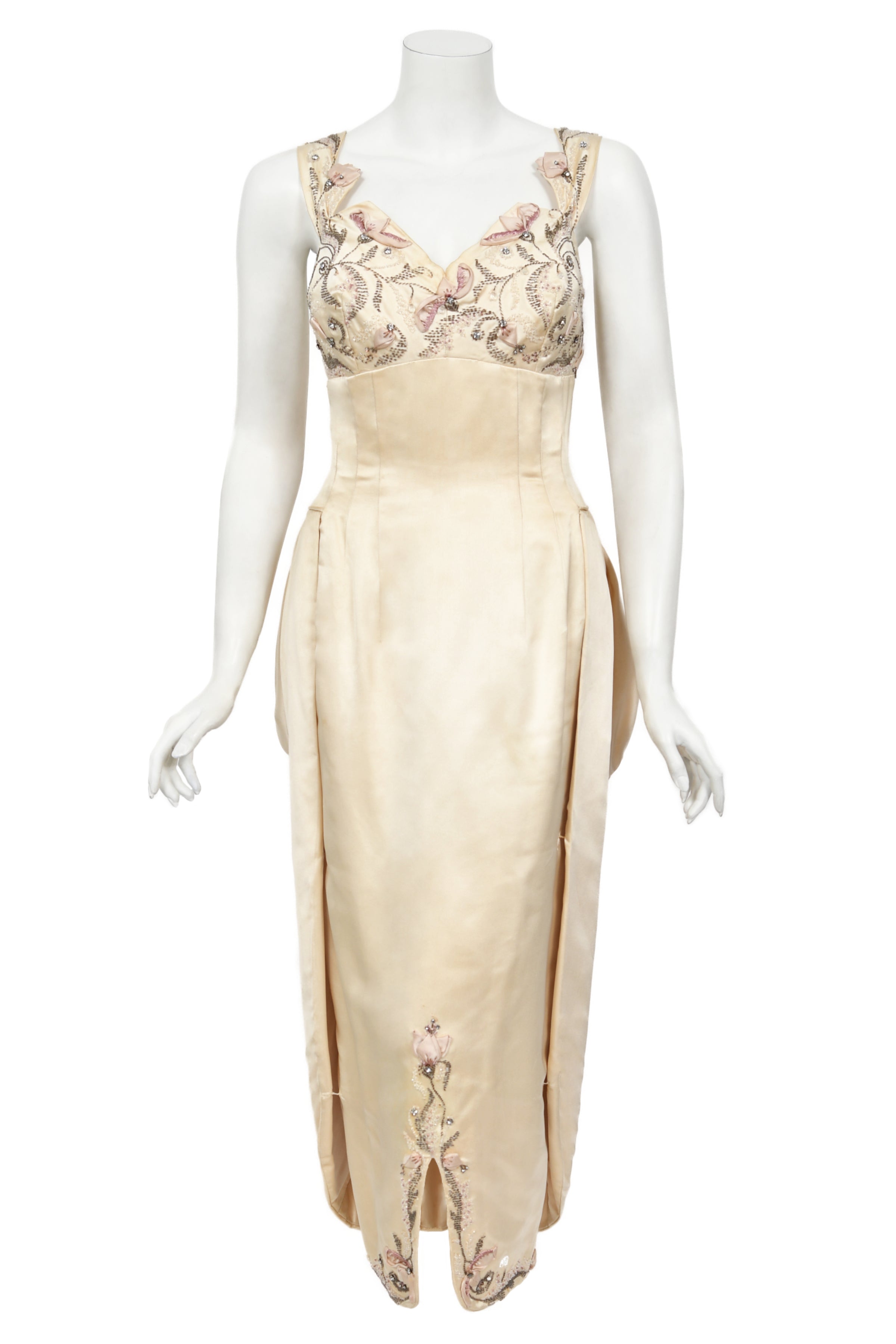 Vintage 1950's Candlelight Satin Beaded Appliqu Skirted Hourglass Custom Couture Dress - Timeless Vixen Vintage 1950's Candlelight Satin Beaded Appliqu Skirted Hourglass Custom Couture Dress - Timeless Vixen