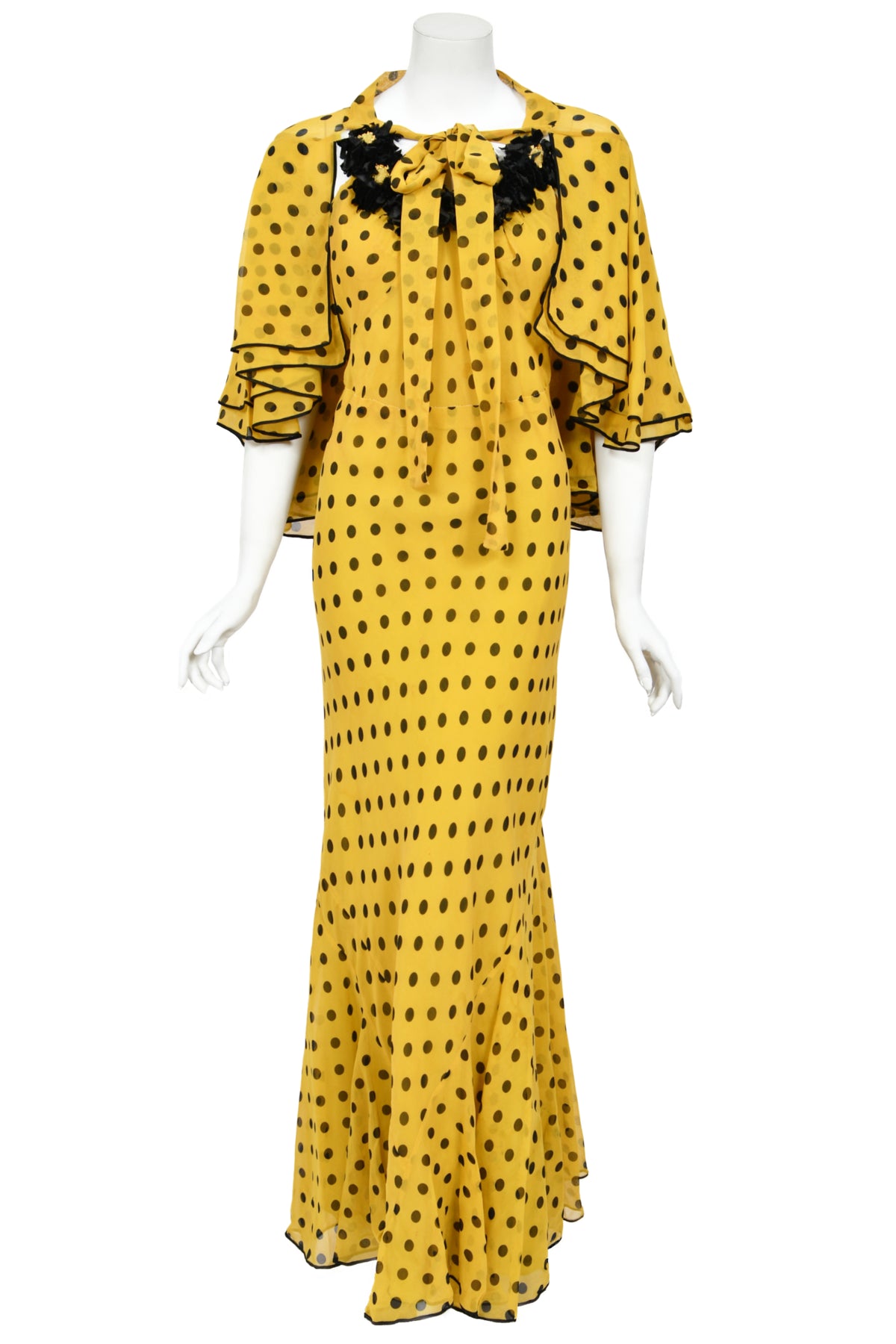 1930&#39;s Germaine Monteil Couture Polka Dot Silk Appliqué Bias-Cut Gown w/ Capelet