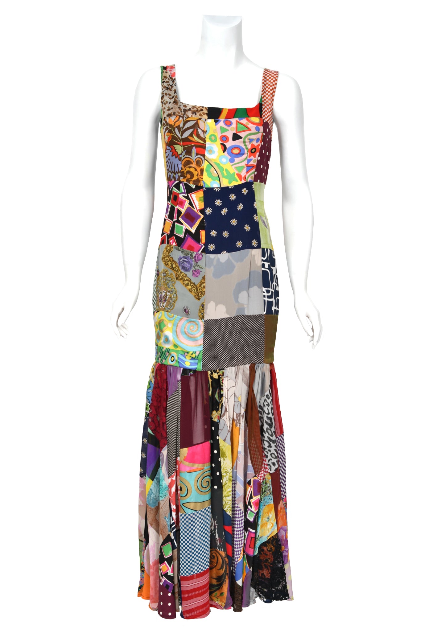 1993 Dolce & Gabbana Colorful Patchwork Silk Hourglass Flounce Gown - Timeless Vixen 1993 Dolce & Gabbana Colorful Patchwork Silk Hourglass Flounce Gown - Timeless Vixen