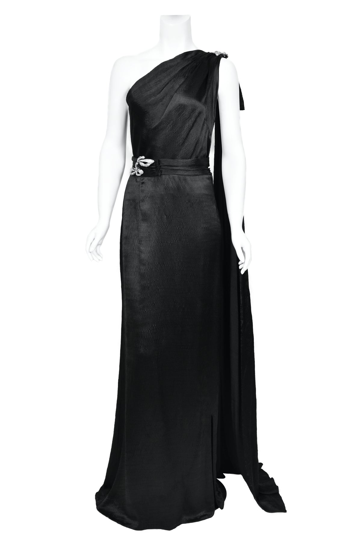 1930&#39;s Milgrim Couture Black Silk Rhinestone Deco-Bows Asymmetric Trained Gown