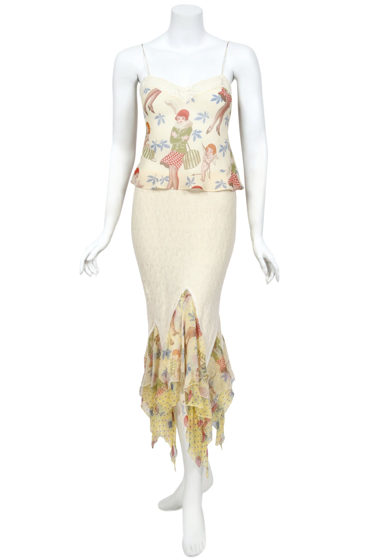 2004 John Galliano 'Cherubs & Flappers' Whimsical Print Silk Camisole & Cashmere Knit Bias-Cut Skirt Set
