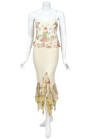 2004 John Galliano 'Cherubs & Flappers' Whimsical Print Silk Camisole & Cashmere Knit Bias-Cut Skirt Set