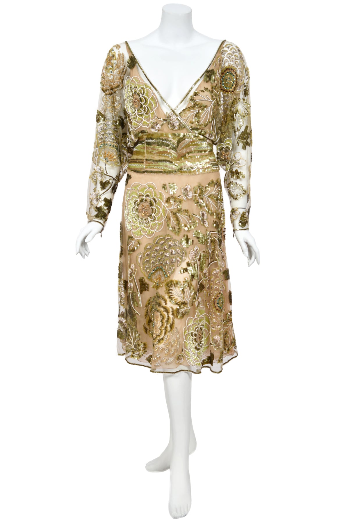 2003 Valentino Runway Heavily Embellished Jeweled Low Cut Nude-Illusion Sheer Net Dress