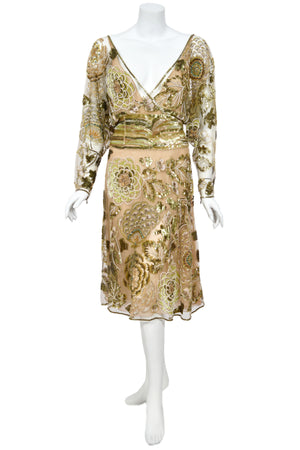 2003 Valentino Runway Heavily Embellished Jeweled Low Cut Nude-Illusion Sheer Net Dress