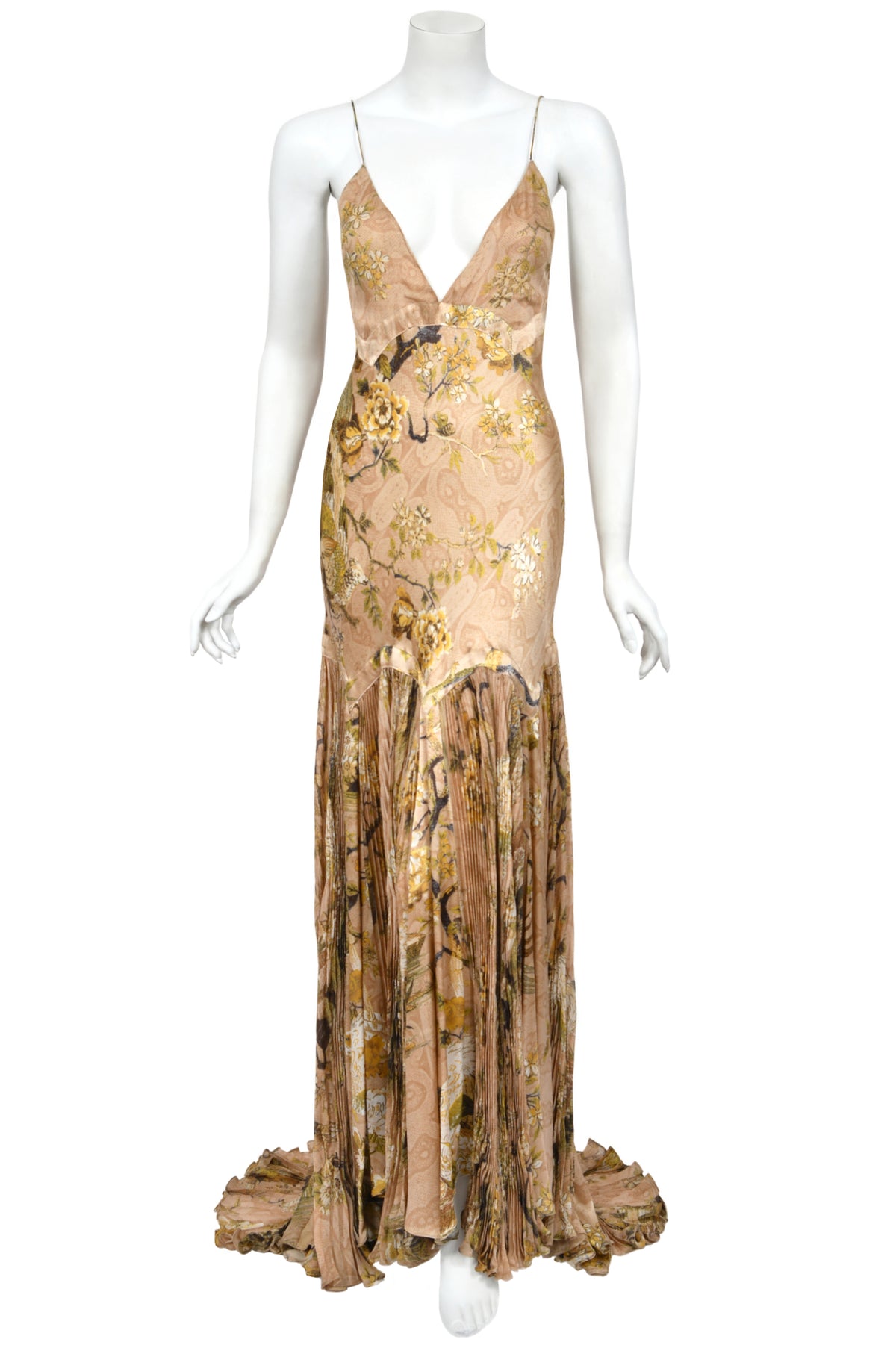 2006 Roberto Cavalli Champagne Floral & Bird Motif Silk Pleated High Low Bias-Cut Gown