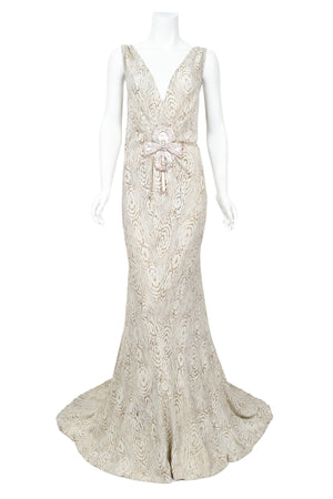 1930's Metallic Wood-Patterned Lamé Deco Appliqué Bias-Cut Trained Bridal Gown