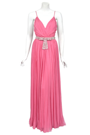 2008 Christian Dior by John Galliano Resort Pink Silk Low-Cut Jeweled Belt Pleated Gown