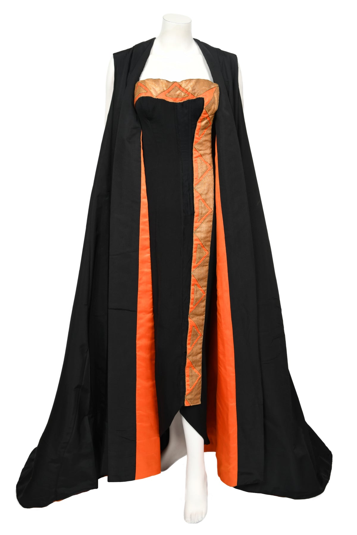 1950&#39;s Yma Sumac Custom Couture Black &amp; Orange Silk Hourglass Gown Ensemble