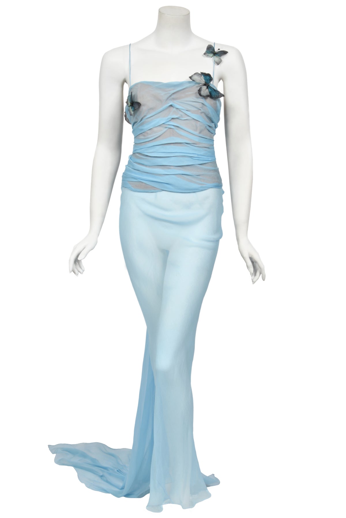 1998 Dolce &amp; Gabbana &#39;Stromboli Collection&#39; Hand-Painted Butterflies Blue Silk Corset Gown