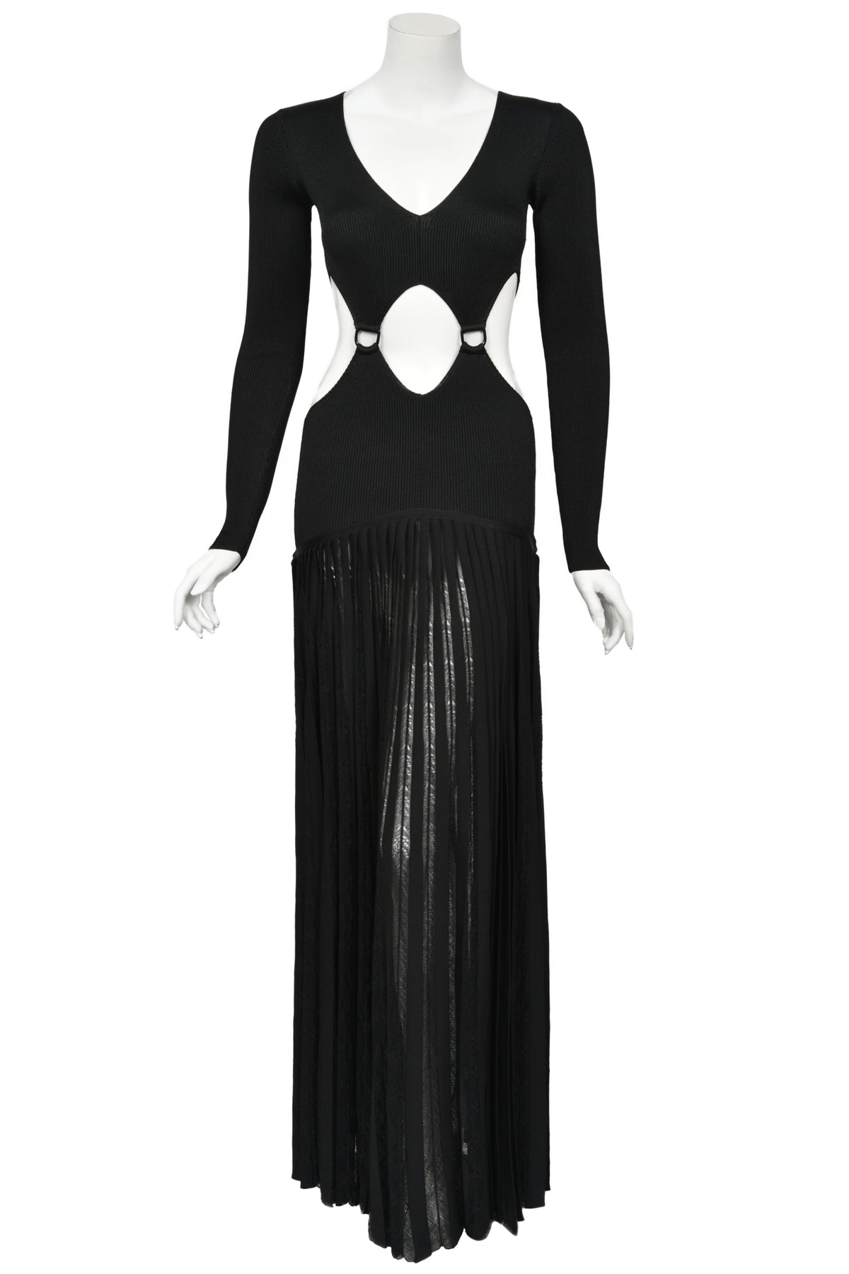 2018 Roberto Cavalli Runway Black Stretch Knit Long Sleeve Cut-Out High Slit Maxi Dress