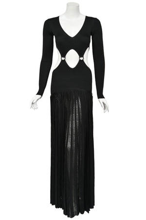 2018 Roberto Cavalli Runway Black Stretch Knit Long Sleeve Cut-Out High Slit Maxi Dress