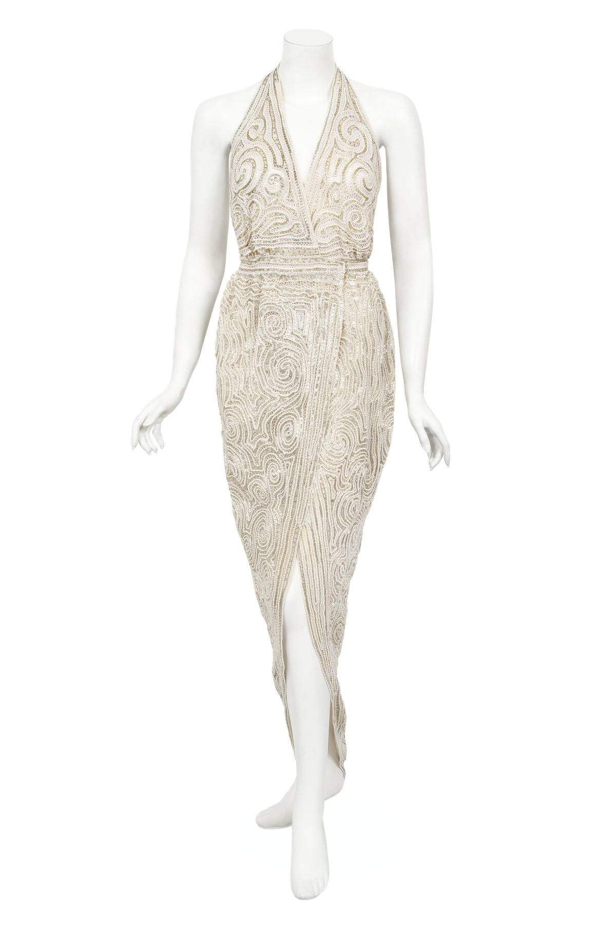 1970&#39;s Halston Couture Ivory Beaded Sheer Lace Backless Halter Wrap Gown