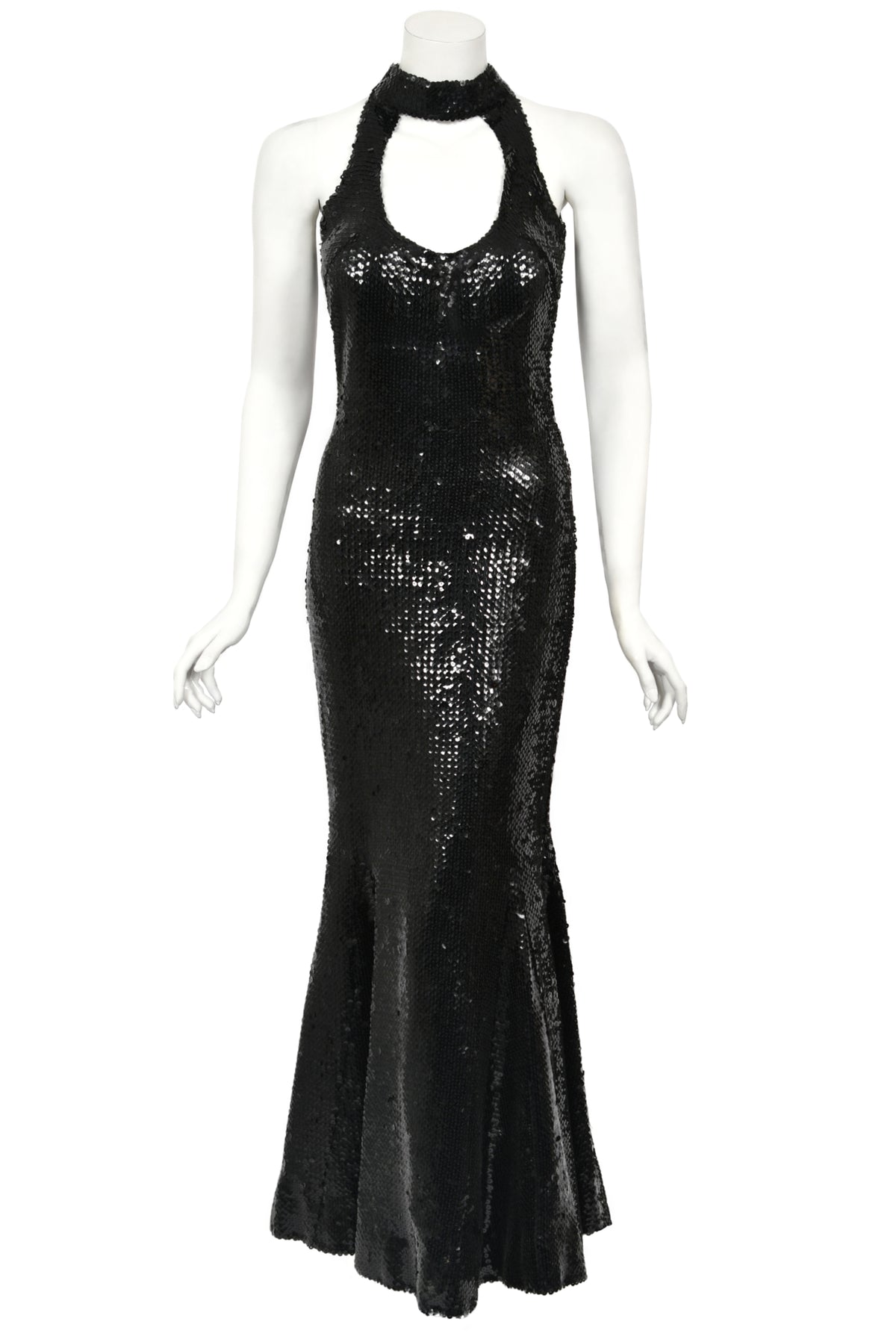 1973 Loris Azzaro Couture Black Fully Sequin Cut-Out Hourglass Mermaid Gown