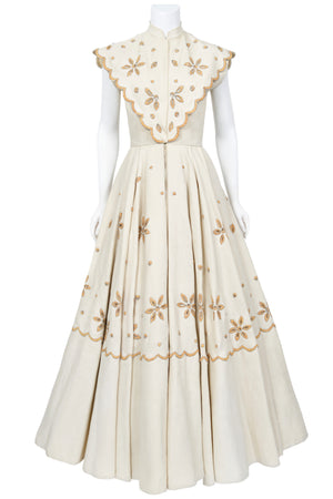 1949 Jacques Fath Attributed Haute Couture Embroidered Beaded Eyelet Cream Linen Gown