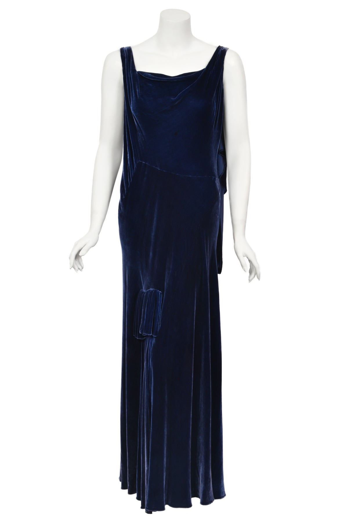 1930 Molyneux Haute Couture Documented Sapphire Blue Silk Velvet Bias-Cut Gown