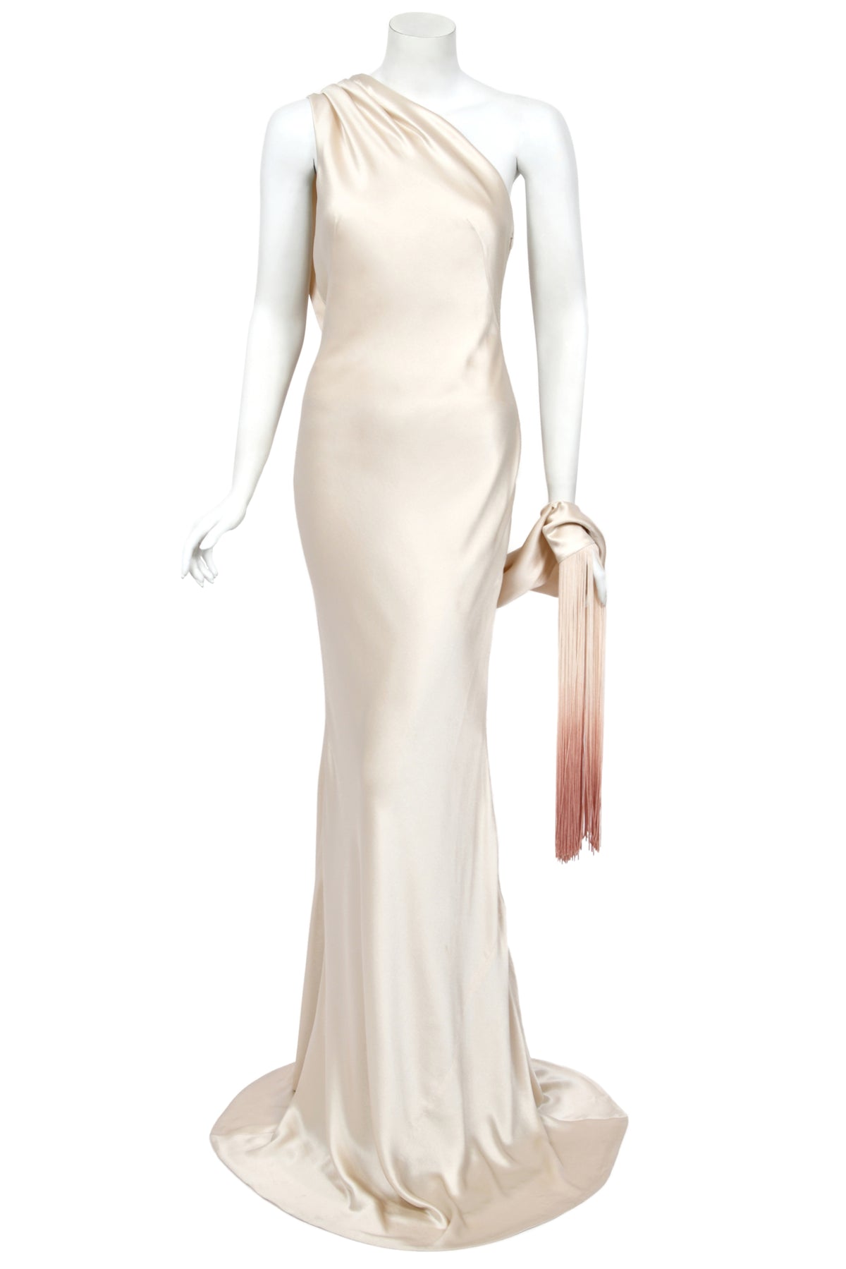 2009 Alexander McQueen Ivory Silk Draped Sleeve Ombré Fringe Bias-Cut Gown w/Tags