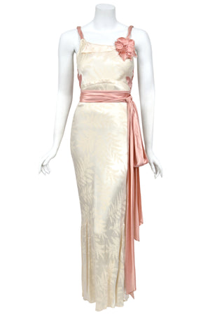 1930’s Ivory Leaf Motif & Blush Pink Silk Satin Floral Appliqué Bias-Cut Trained Couture Gown