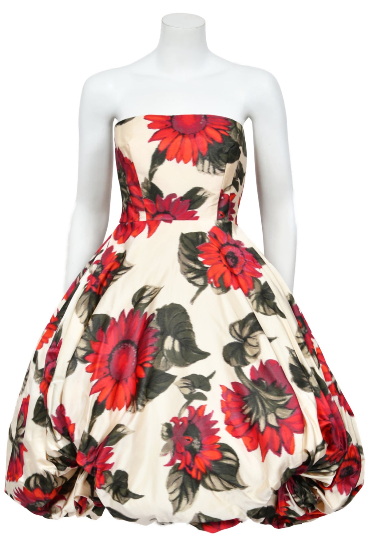 1958 Arnold Scaasi Couture Museum-Held Red Dahlias Floral Silk Strapless Dress &amp; Swing Jacket
