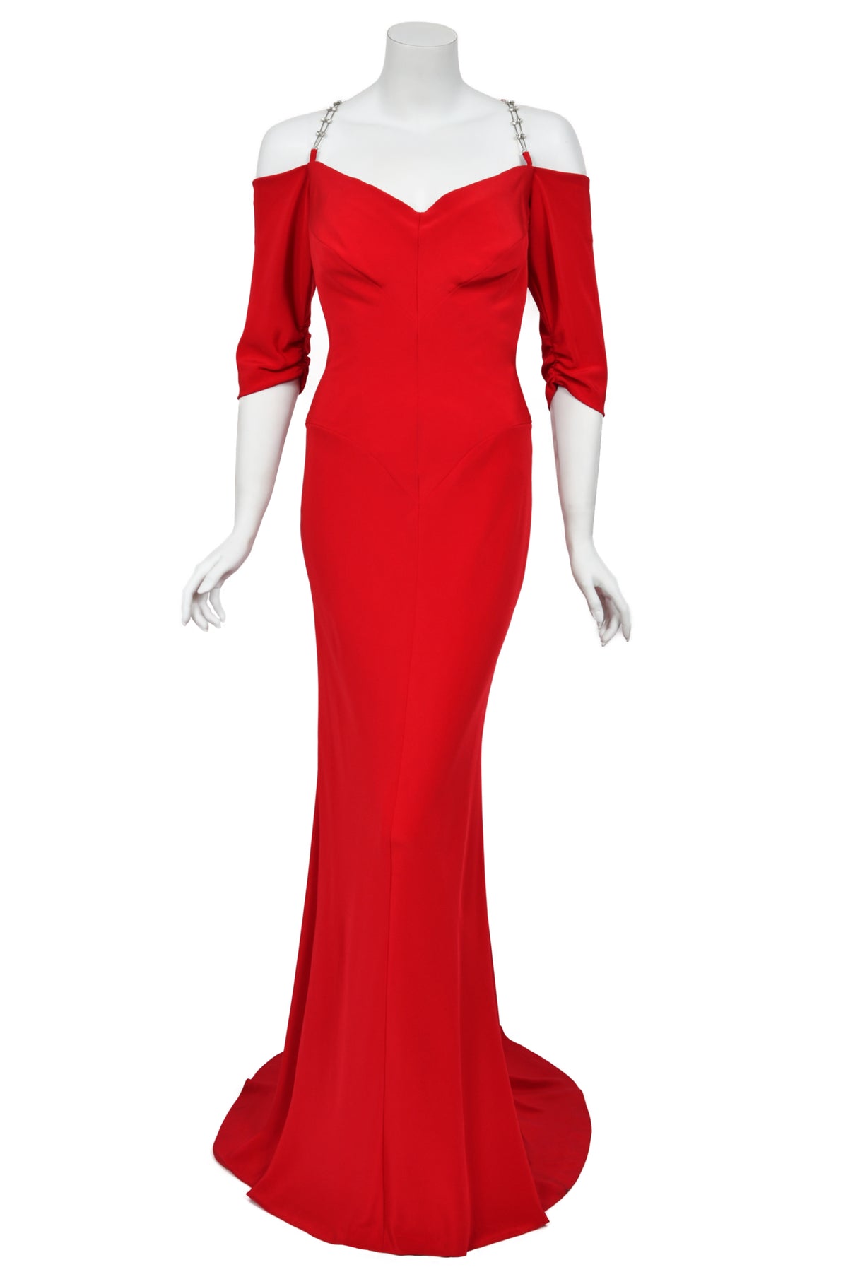 2000 Raquel Welch Custom Couture Ruby-Red Silk Bustier Hourglass Trained Gown