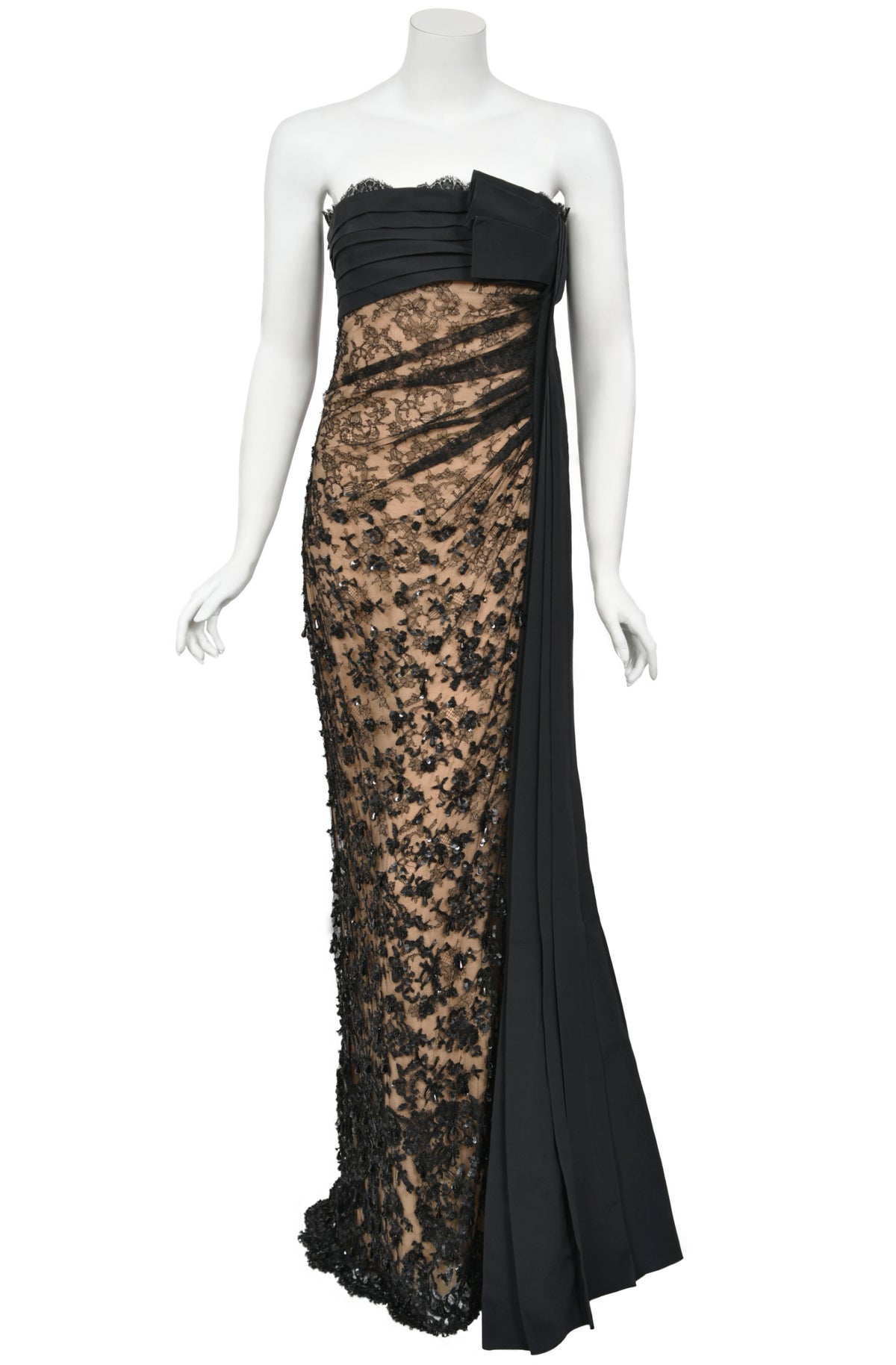 2009 Valentino Black Silk &amp; Beaded Sheer Illusion Lace Strapless Bustier Gown